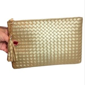 VIRGINIA WOLF Faux Leather Clutch Mini Woven‎ Pouch Gold Tassel Zip Top Make Up